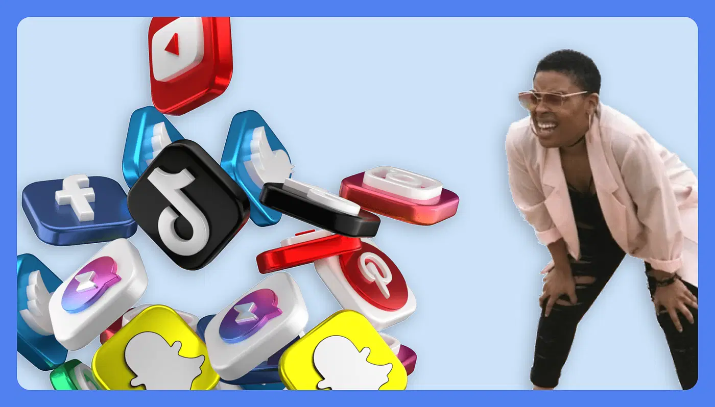 Image displaying a person looking at a cluster of social media app logos.